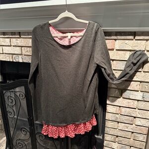 Matilda Jane sweater to print woven top, olive/red, size Large, EUC